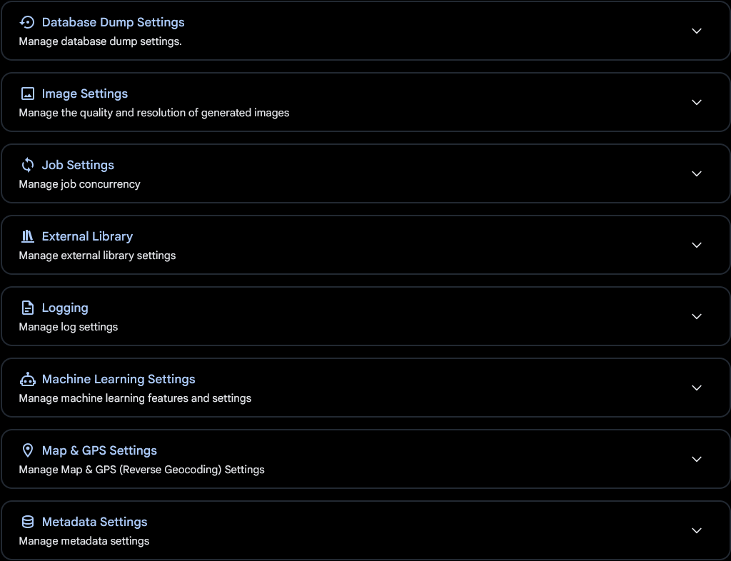 Immich admin settings panel in dark mode