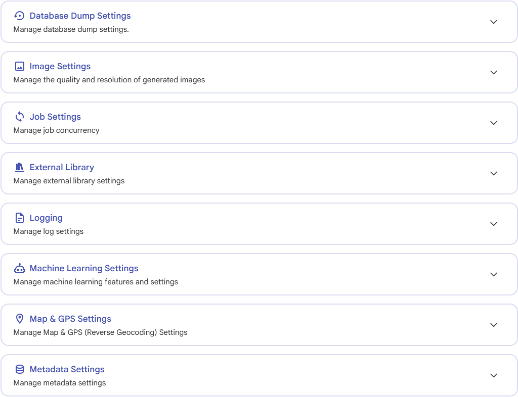 Immich admin settings panel in light mode