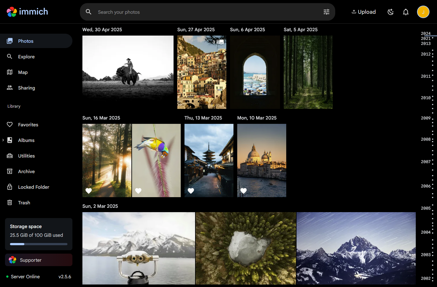 Immich photo library interface in dark mode