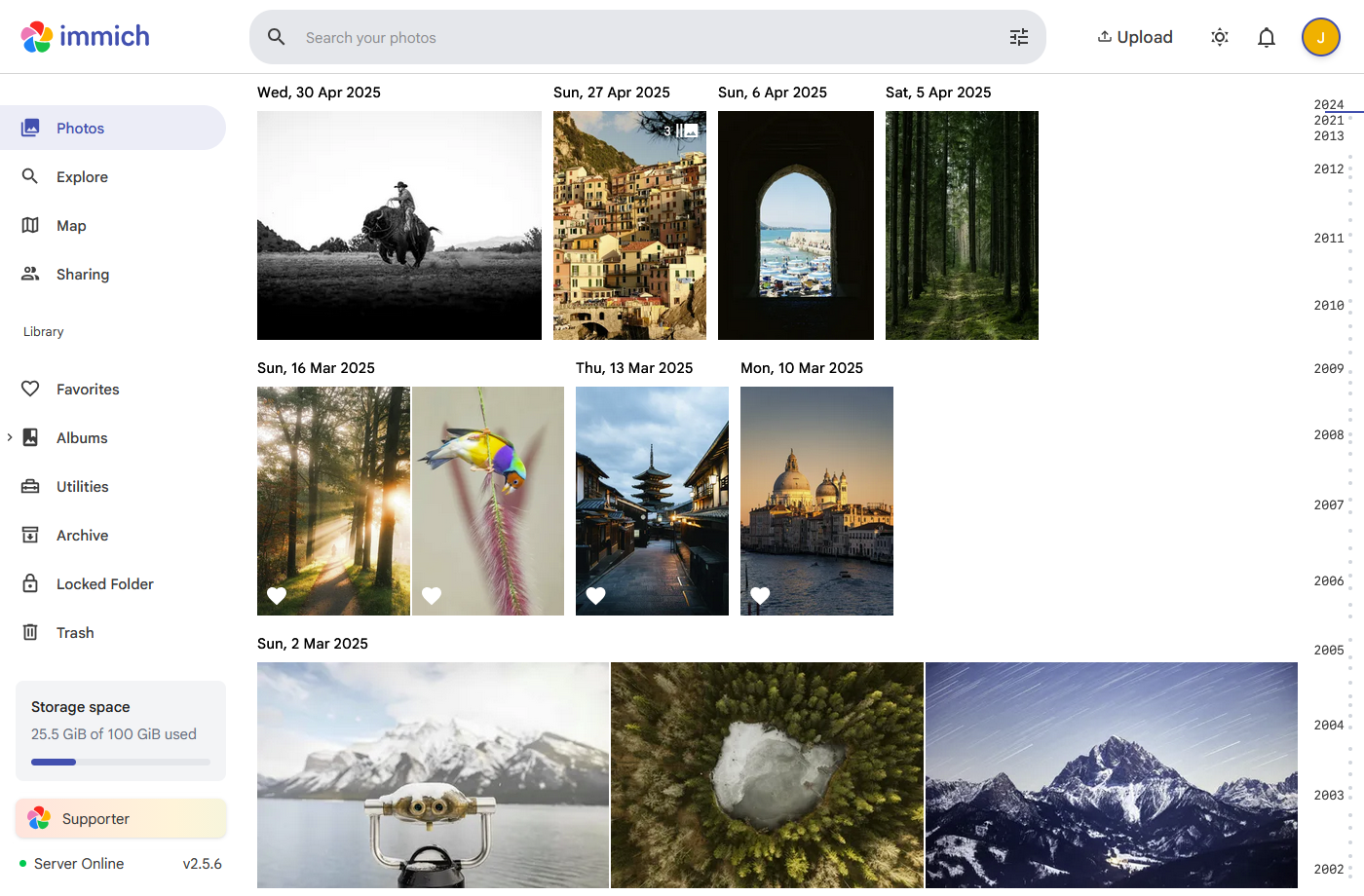Immich photo library interface in light mode